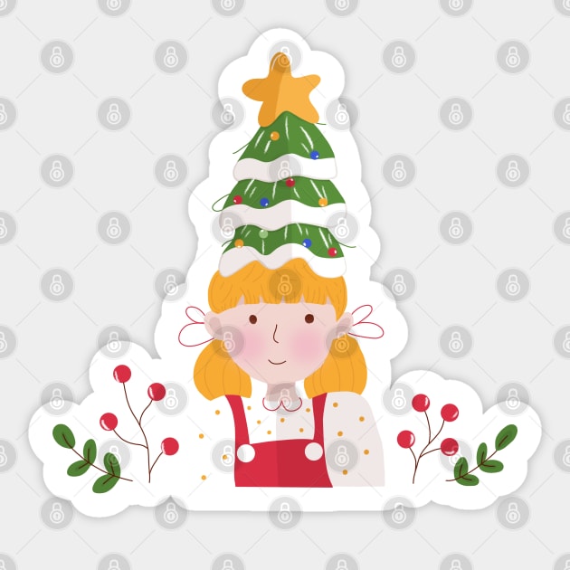 Cute Girl With Christmas Tree Sticker by IstoriaDesign